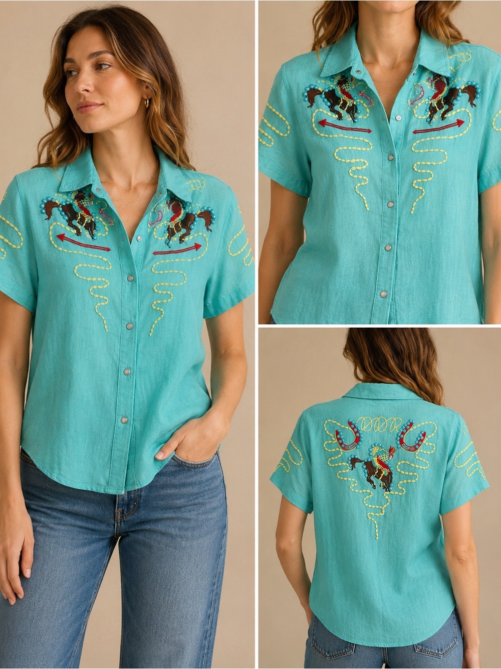 Double D Ranch Beaded Western Gauze Button Front Blouse Teal Size Large